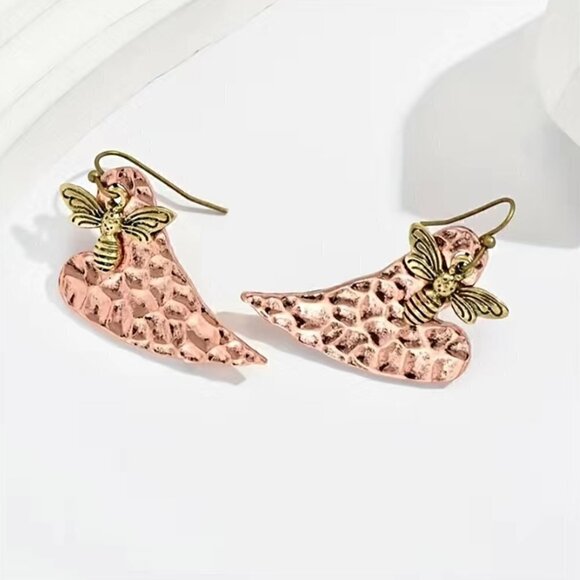Boho Layered Heart and Bee Earrings - Multicolor Metal Hammered Copper #1110 - Picture 5 of 7